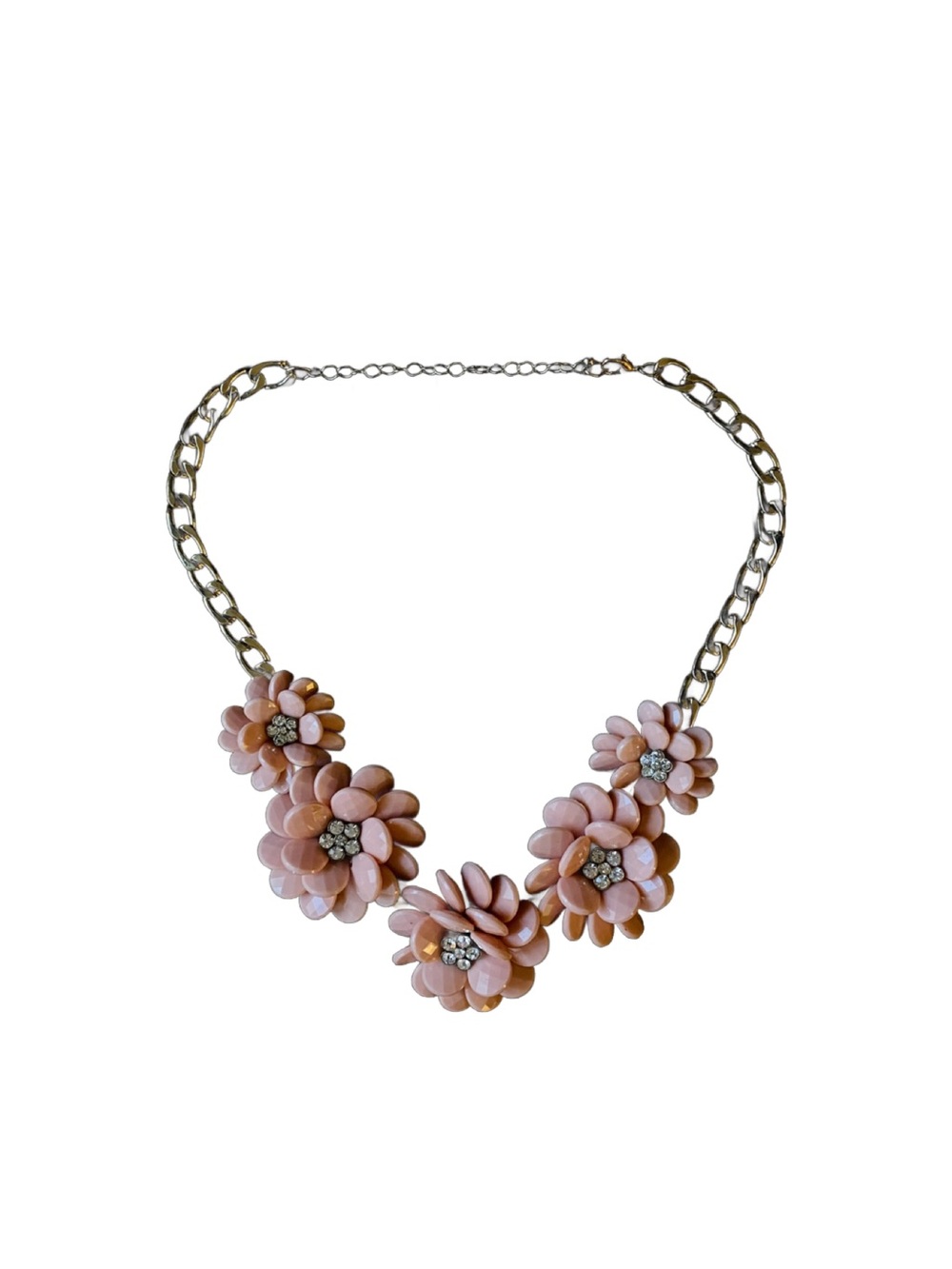 Gold-Tone Chunky Curb Chain Necklace + Blush Pink Crystal Flower Clusters